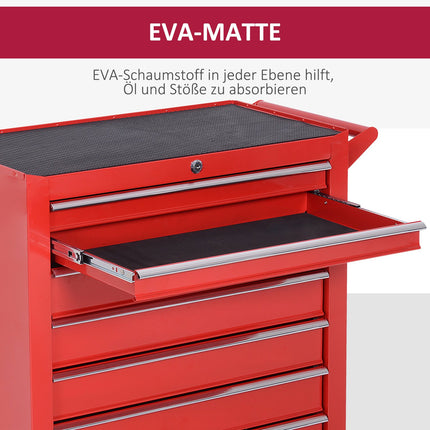 Darbnīcas ratiņi ar riteņiem, instrumentu ratiņi ar 7 atvilktnēm, bloķējami montāžas ratiņi ar stāvbremzi, mobilie ratiņi, maksimālā slodze 150 kg, tērauda, sarkani