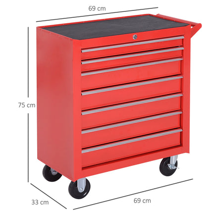 Darbnīcas ratiņi ar riteņiem, instrumentu ratiņi ar 7 atvilktnēm, bloķējami montāžas ratiņi ar stāvbremzi, mobilie ratiņi, maksimālā slodze 150 kg, tērauda, sarkani