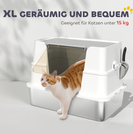 XL nerūsējošā tērauda kaķu pakaišu kaste, komplektā kausiņa, gaiši pelēka