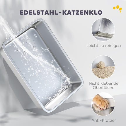 XL nerūsējošā tērauda kaķu pakaišu kaste, komplektā kausiņa, gaiši pelēka