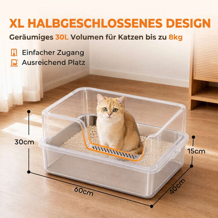XL nerūsējošā tērauda kaķu pakaišu kaste ar vāku, augstām malām, pelēka