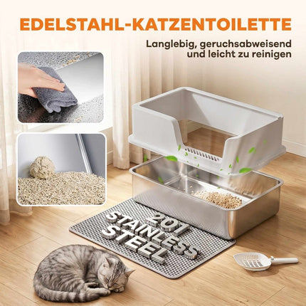 XL nerūsējošā tērauda kaķu pakaišu kaste ar vāku, augstām malām, pelēka