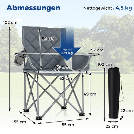 XXL saliekams kempinga krēsls ar dzesētāju un krūzīšu turētāju, celtspēja 227 kg