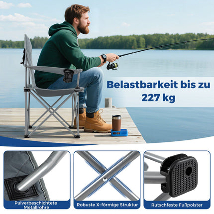 XXL saliekams kempinga krēsls ar dzesētāju un krūzīšu turētāju, celtspēja 227 kg