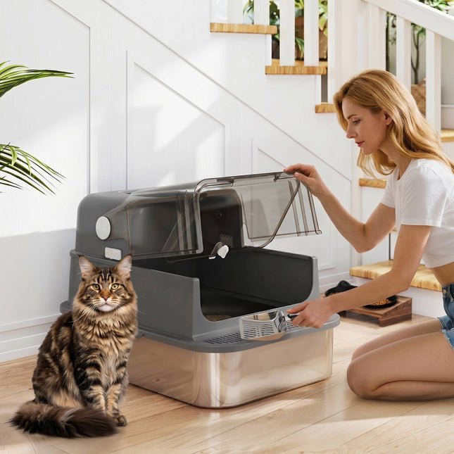 XXL nerūsējošā tērauda pārklāta kaķu tualete 72 l ar kausiņu
