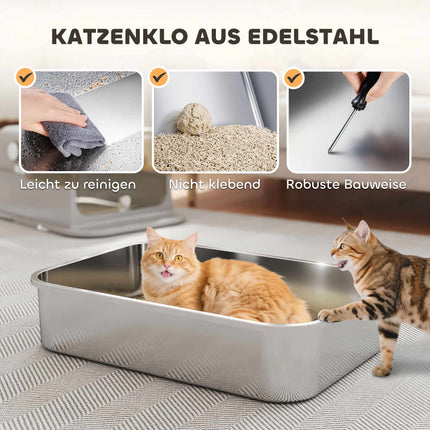 XXL nerūsējošā tērauda kaķu tualete, viegli tīrāma, lieliem kaķiem