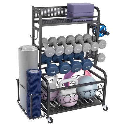 Yoga Mat Storage Rack, Steel Organizer With Hooks, Wheels