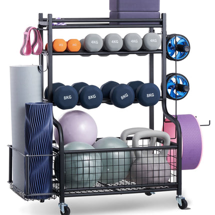 Yoga Mat Storage Rack With Hooks And Wheels, Steel
