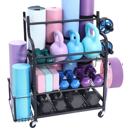 Yoga Mat Storage Rack With Hooks and Wheels, Steel