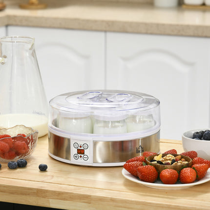 Jogurta automāts ar 48 stundu taimeri, temperatūras iestatījumu, 7 glāzes pa 180 ml katra, automātiska izslēgšanās, 20 W, balts