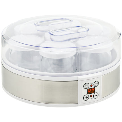 Jogurta automāts ar 48 stundu taimeri, temperatūras iestatījumu, 7 glāzes pa 180 ml katra, automātiska izslēgšanās, 20 W, balts